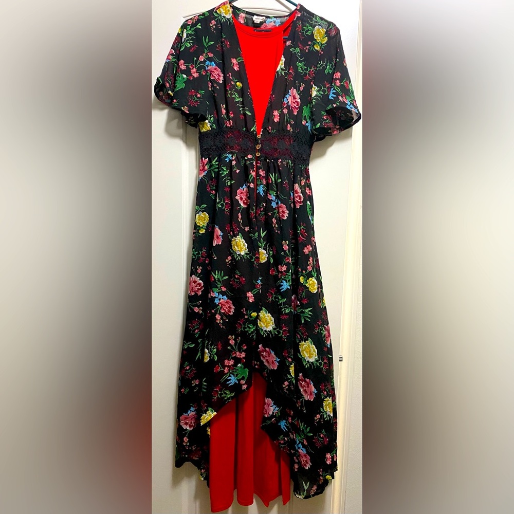 Sheer cover with red spaghetti strap maxi